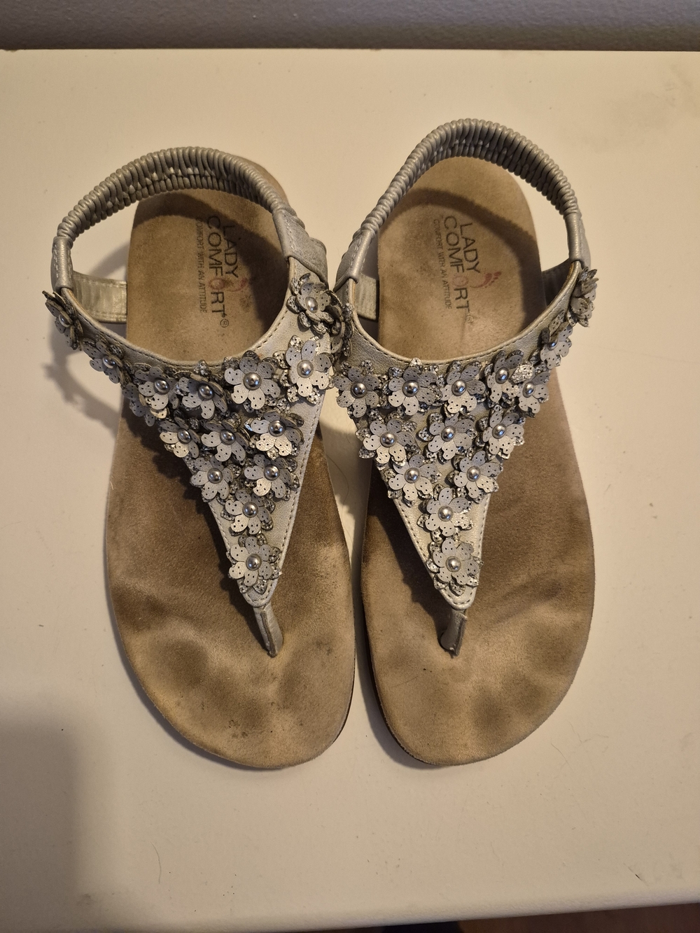Ladies Sequin Flower T-Strap Sandals - Silver